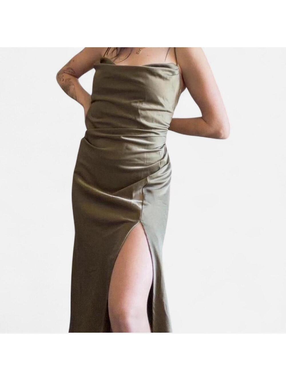 Olive green satin maxi dress with cowl neckline